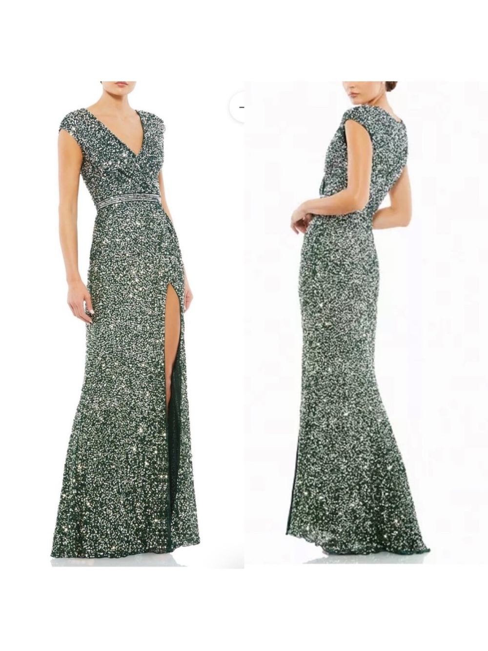 Mac Duggal Emerald Green Sequin V-Neck Slit Gown